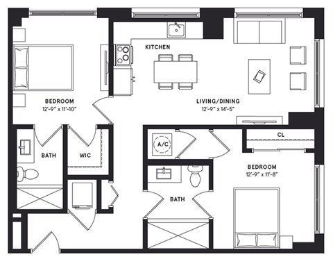 floorplan of a two bedroom luxury apartment at 29 Wyn apartments in Miami, FL